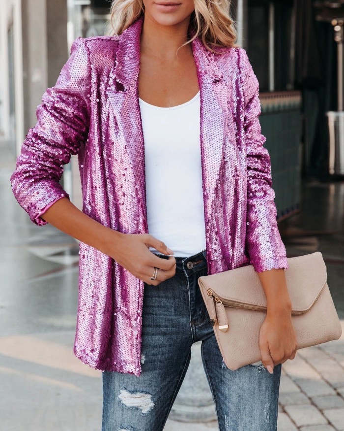 Casual Sequin Lapel Fashion Long Sleeve Elegant Blazer
