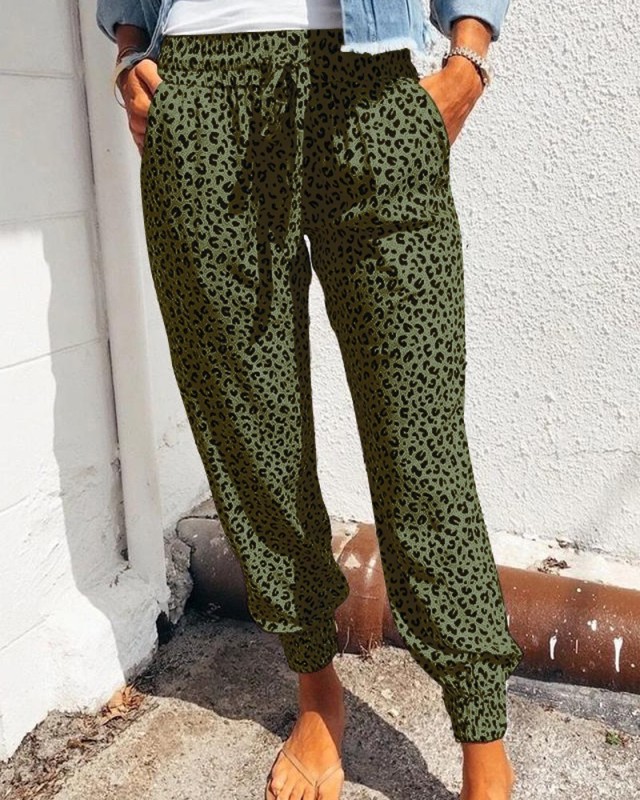Women Leopard Printed Trousers Loose Lace-up Waist Long Pants