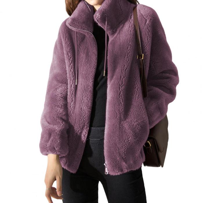 Plush Zipper Stand Collar Long Sleeves Solid Color Jacket