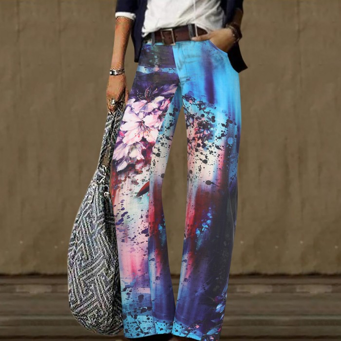 Digital Printed Casual Trousers Straight Loose Wide Leg Pants