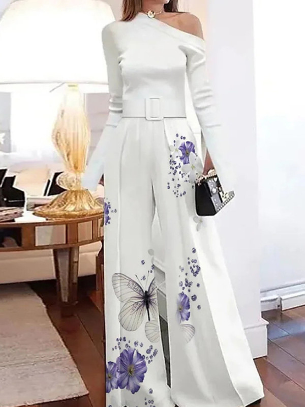 Sexy Off Shoulder Irregular Long Sleeved Casual High Waist Fashion Printed Jumpsuit