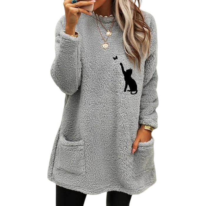 O-Neck Long Sleeves Mid-Length Solid Color Loose Plush Pullover