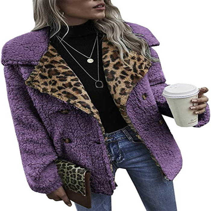 Fashion Color Contrasting Leopard Print Double Breasted Ladies Casual  Coats