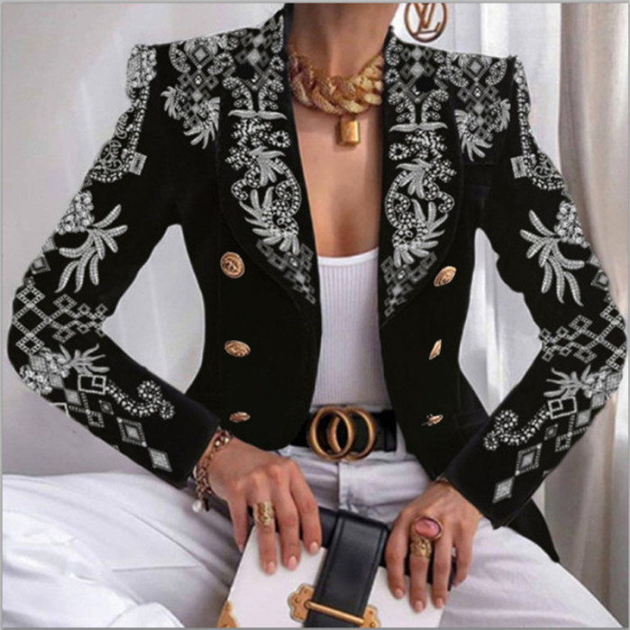 Women's Fashion Print Slim Fit Cropped Double Breasted Top Blazers