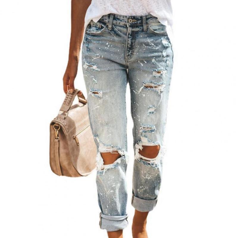Women Fashion Mid Waist Casual High Street Sexy Vintage Jeans