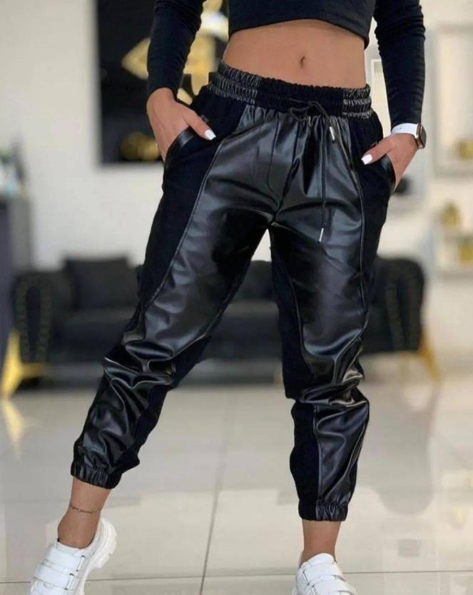 Women's Fashion Contrasting Color PU Leather Drawstring Casual Pants