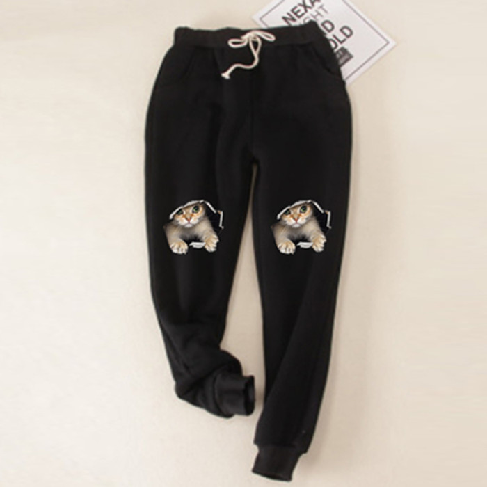 Fleece Fabric Casual Fuzzy Sweatpants Cat Print Leggings