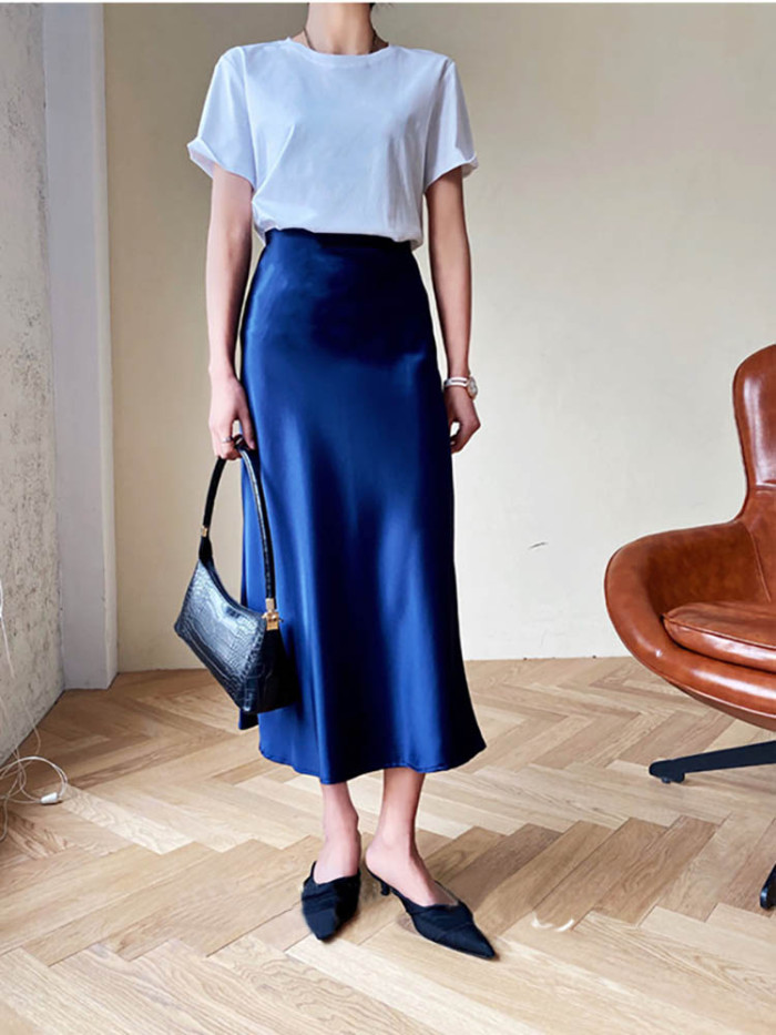 Satin A-Line Silk High Waist Elegant Fashionable Office  Skirts