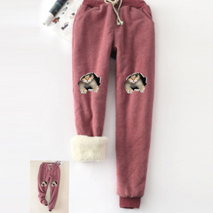 Fleece Fabric Casual Fuzzy Sweatpants Cat Print Leggings