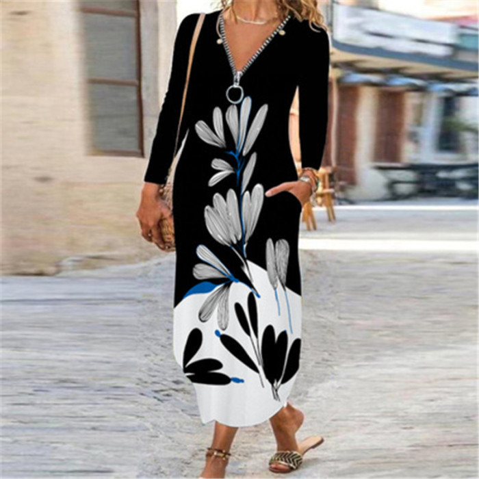 Retro Elegant Fashion Long Sleeve Zipper V Neck Print Irregular Casual  Midi Dress