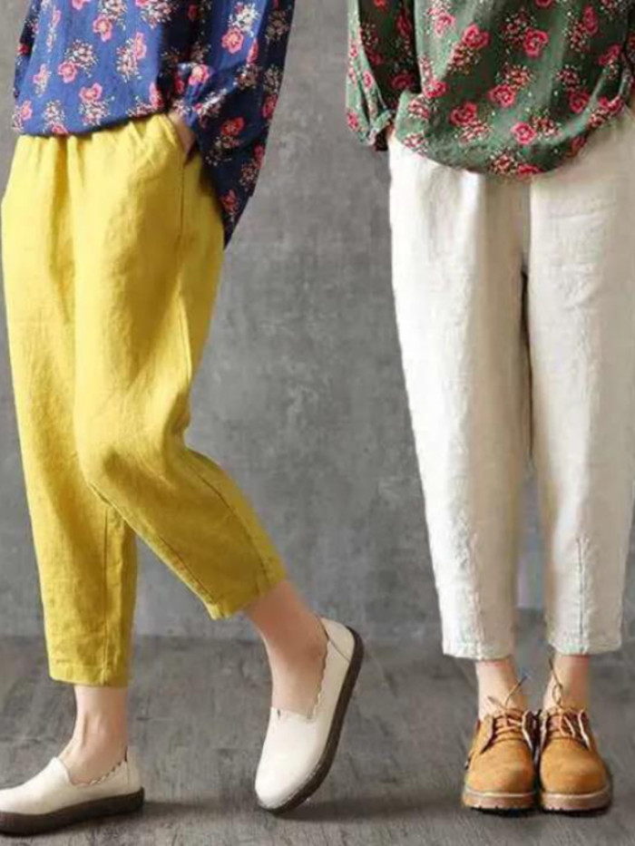 Fashion Women's Pants Casual Cotton Linen Loose Solid Color  Pants