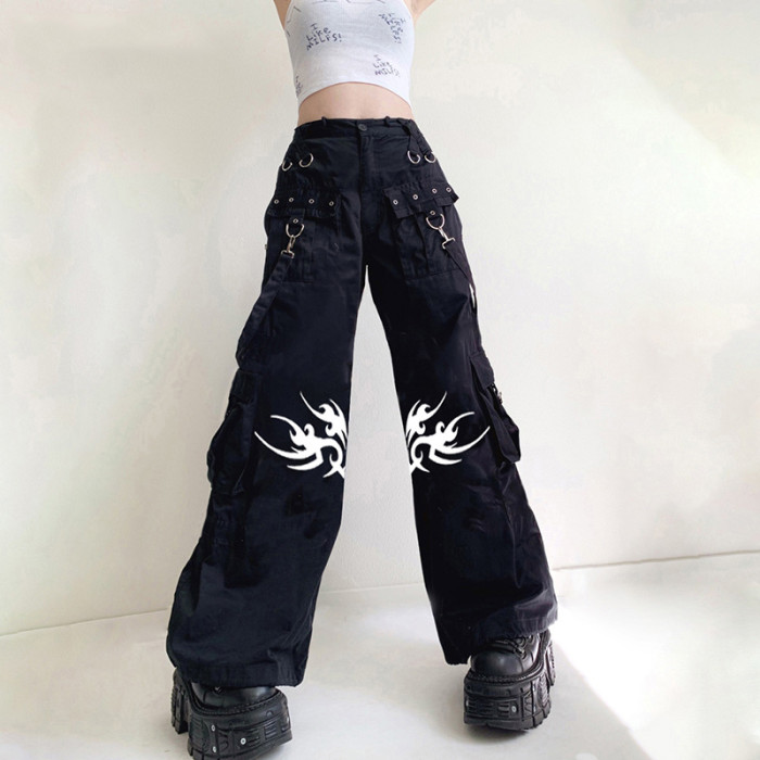 Women's Gothic Punk Print Low Rise Wide Leg Cargo Pants