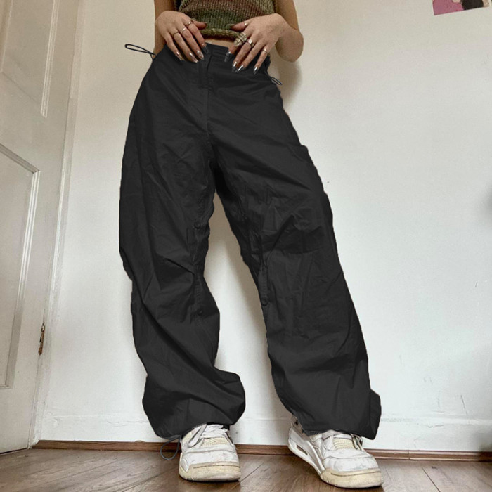 Women's Casual Retro Solid Color Low Waist Drawstring Loose Cargo Pants