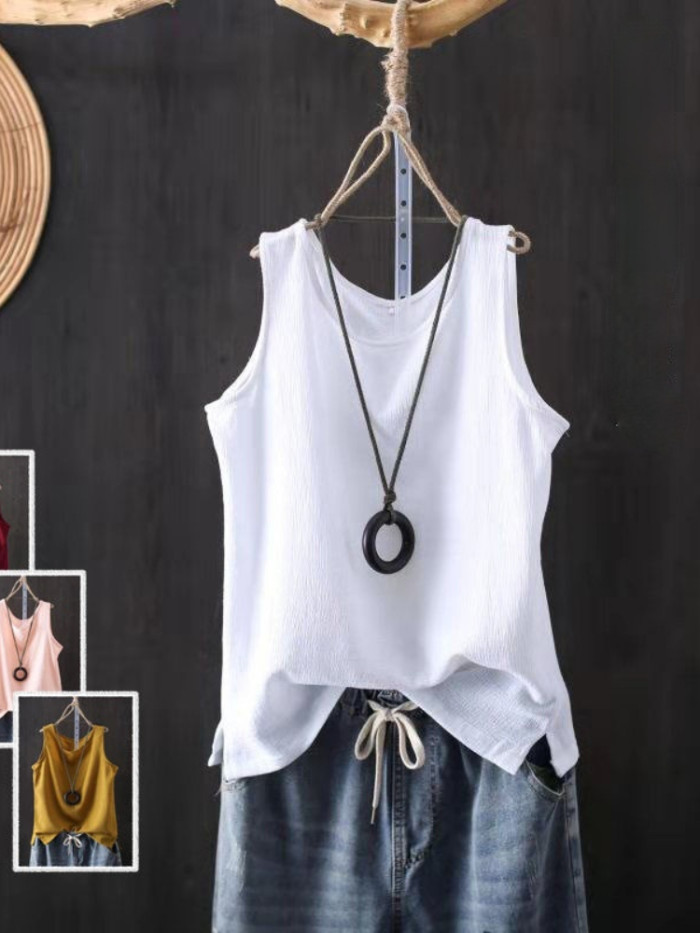 Cotton Line Solid Color Loose Vest Shirt Sleeveless V Neck Tanks Camis