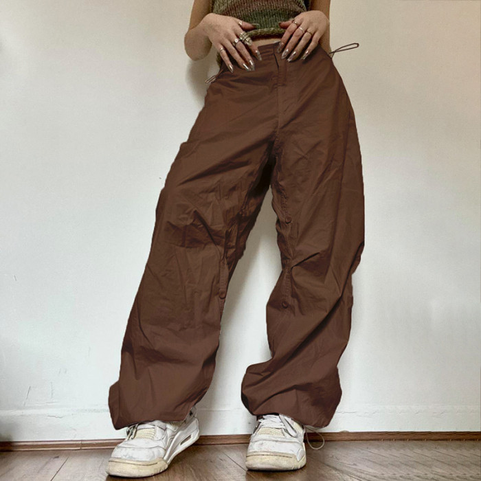Women's Casual Retro Solid Color Low Waist Drawstring Loose Cargo Pants
