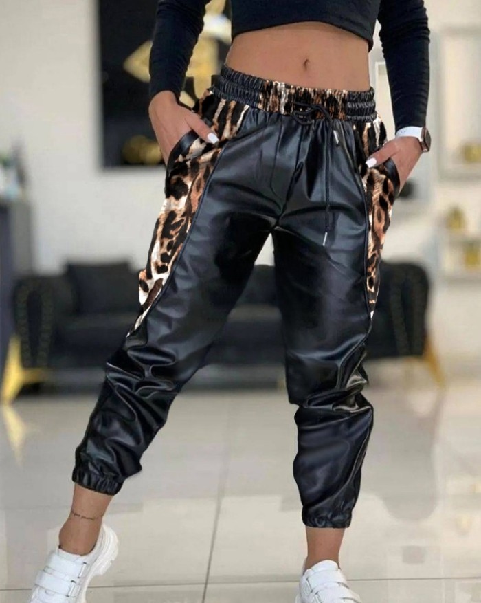 Women's Fashion Contrasting Color PU Leather Drawstring Casual Pants