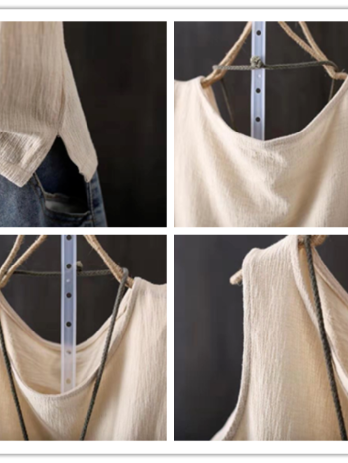 Cotton Line Solid Color Loose Vest Shirt Sleeveless V Neck Tanks Camis