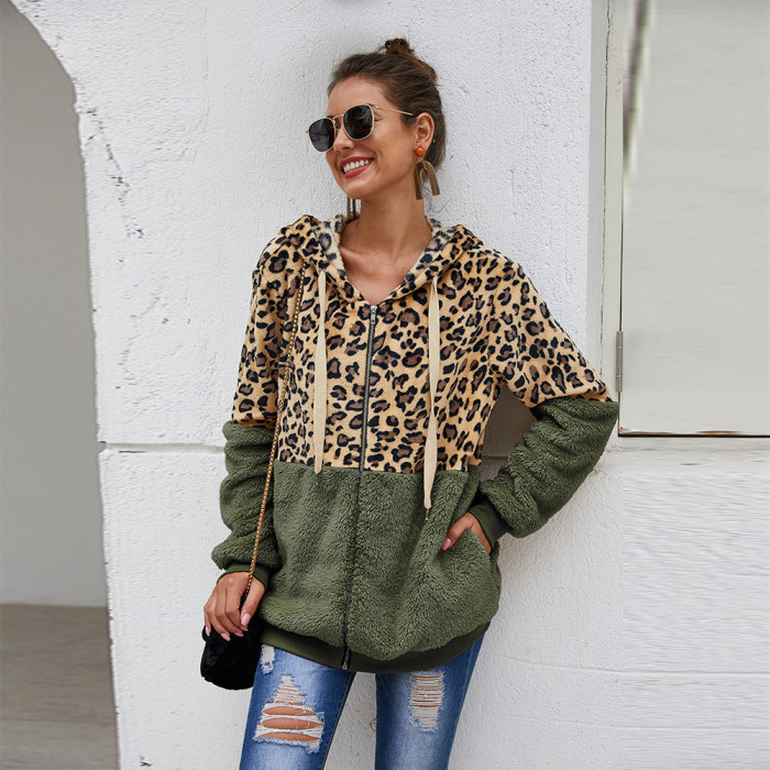 Leopard Long Sleeve Casual Zipper Warm Jackets