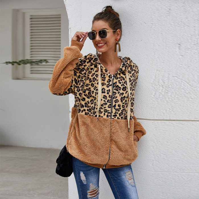 Leopard Long Sleeve Casual Zipper Warm Jackets