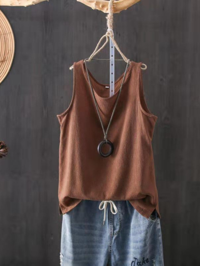 Cotton Line Solid Color Loose Vest Shirt Sleeveless V Neck Tanks Camis