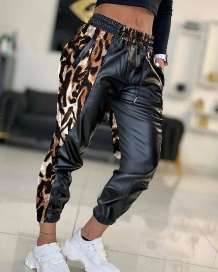 Women's Fashion Contrasting Color PU Leather Drawstring Casual Pants