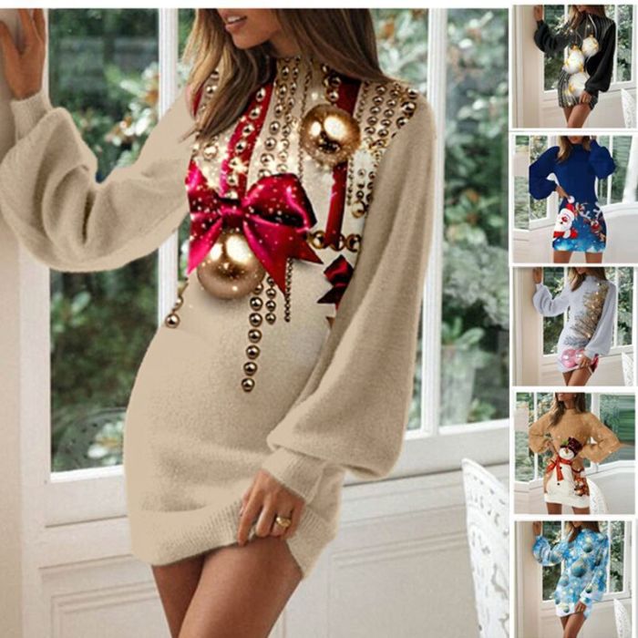 Fashion Vintage Christmas Print Mock Neck Lantern Long Sleeve Mini Dress