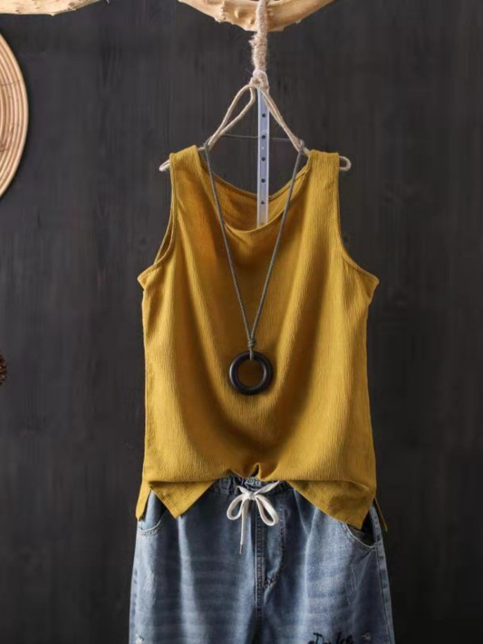 Cotton Line Solid Color Loose Vest Shirt Sleeveless V Neck Tanks Camis