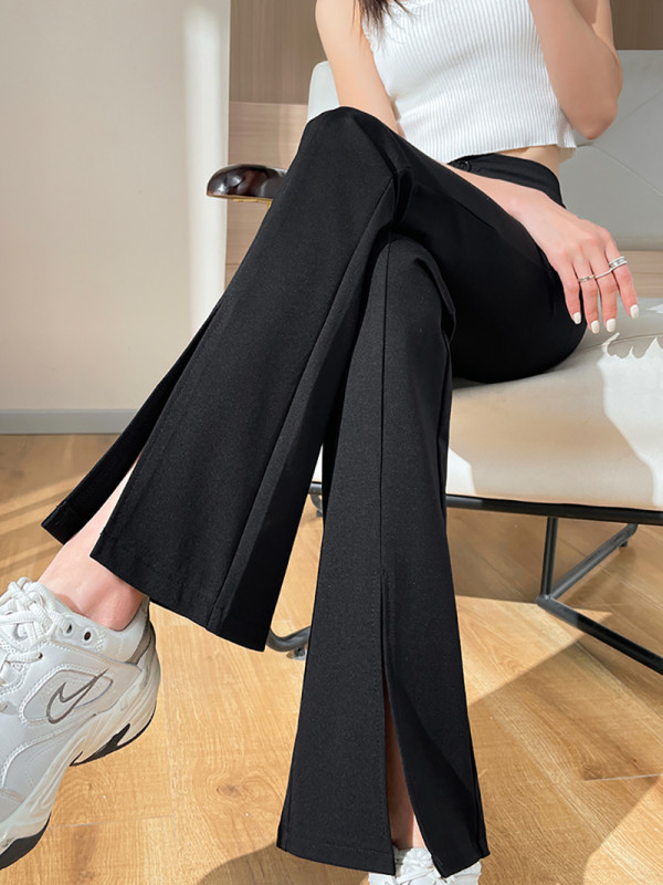 Plus Size Slit Black Flare Pants for Women Trousers Korean Style Casual Office Lady Female High Waist Long Bell Bottom Pants