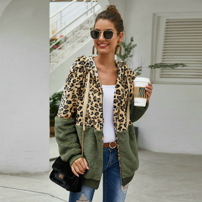 Leopard Long Sleeve Casual Zipper Warm Jackets