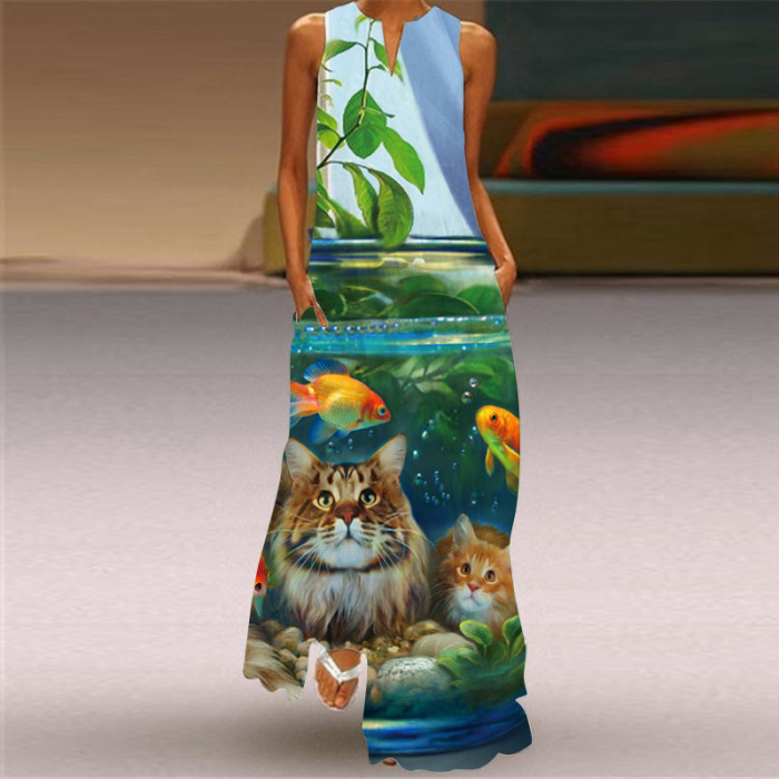Vintage Tiger Print V Neck Casual Sleeveless Beach Maxi Dress