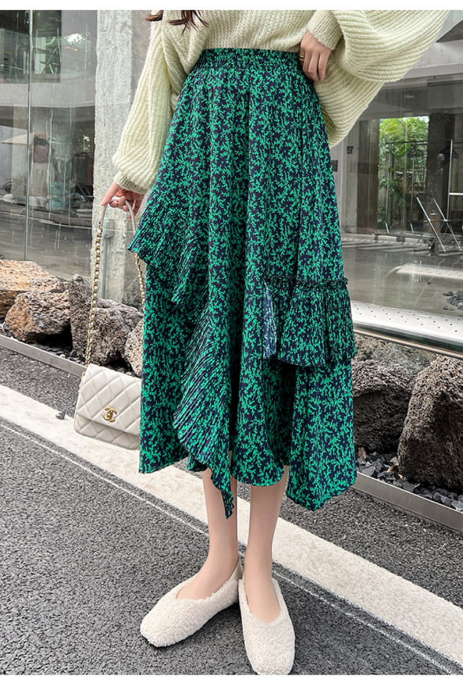 Floral Print Ruffles High Waist A Line Skirt