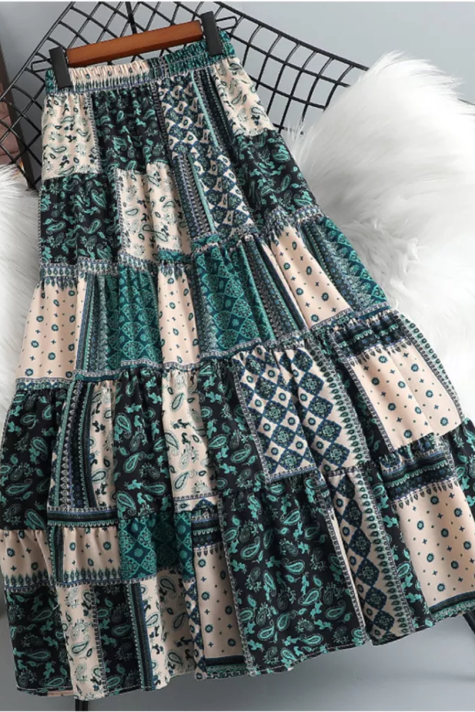Pleated Bohemian Print Elegant High Waist Skirt