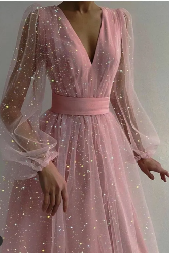 Glitter Mesh V Neck Midi Dress