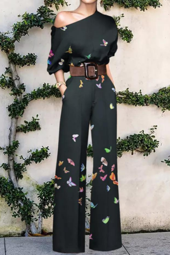 Women Elegant Loose Wide Leg Pants Bodysuits Skew Collar Floral Printing Jumpsuits