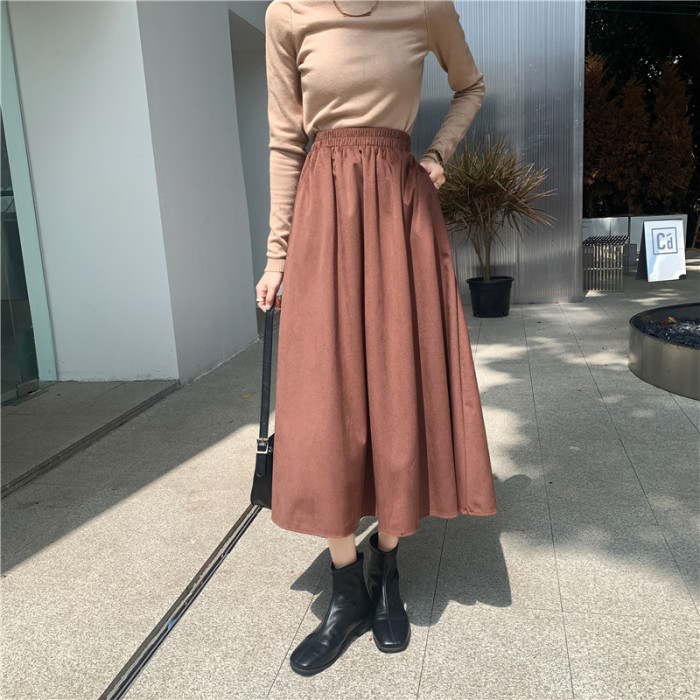 Corduroy Vintage Elegant Solid Female  High Waist Mid-length Skirt