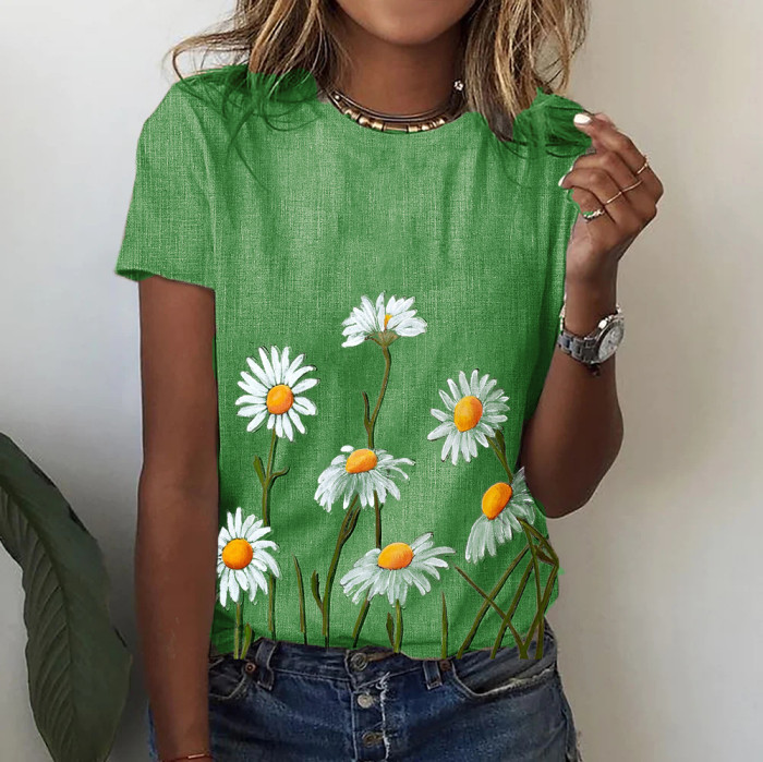 Floral Round Collar Print Pullover T-Shirt
