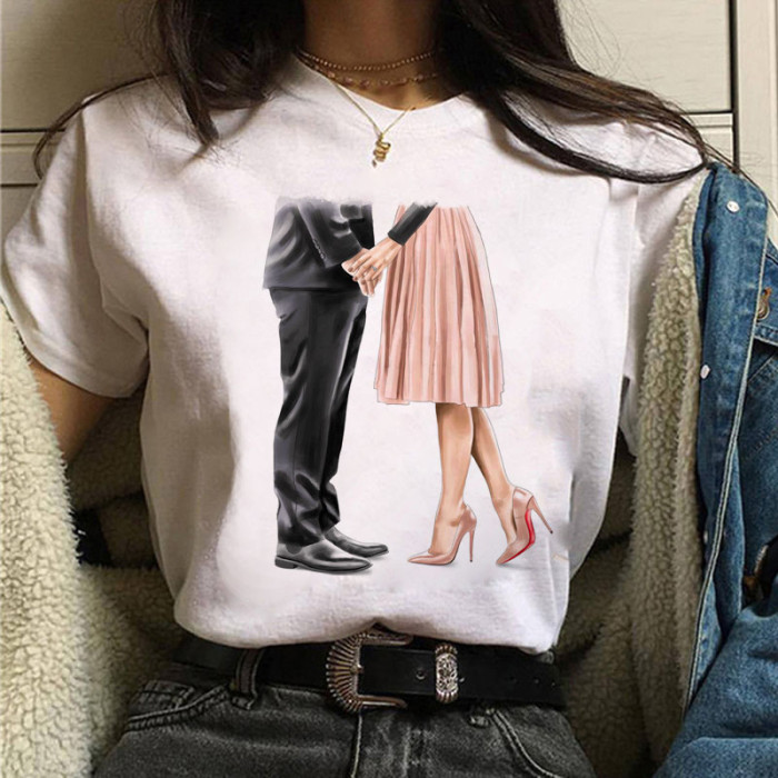Couple Print Fashion Top Women's Round Neck Casual T-Shirt