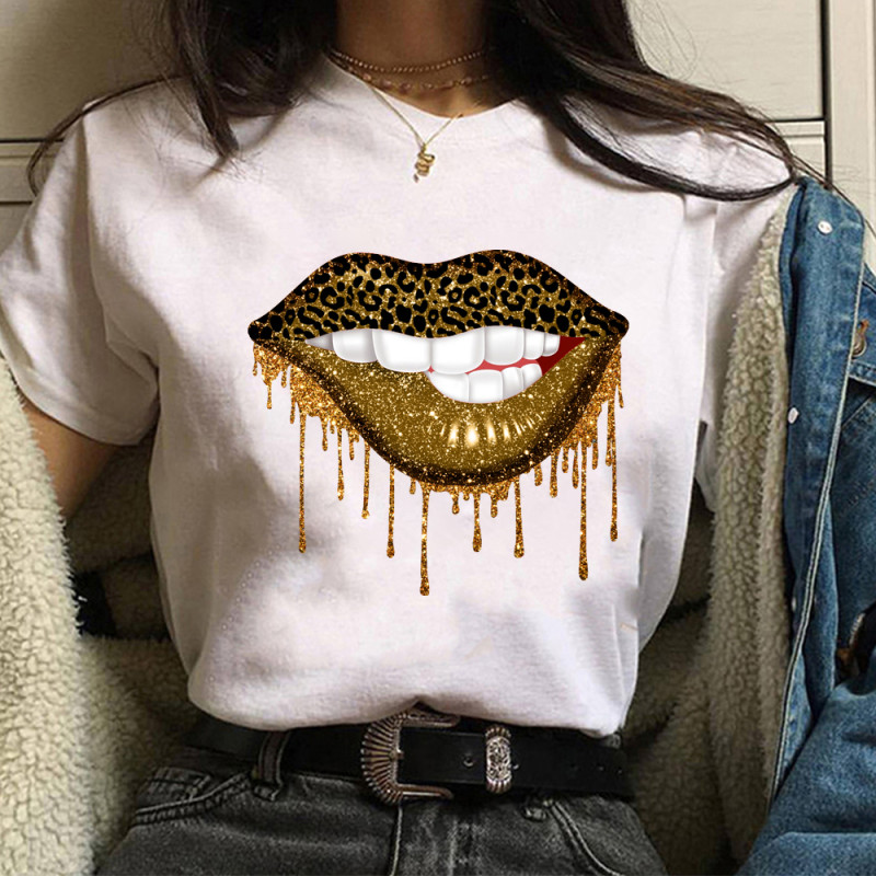 Fashion Lips Leopard Graphic O-neck T-Shirt