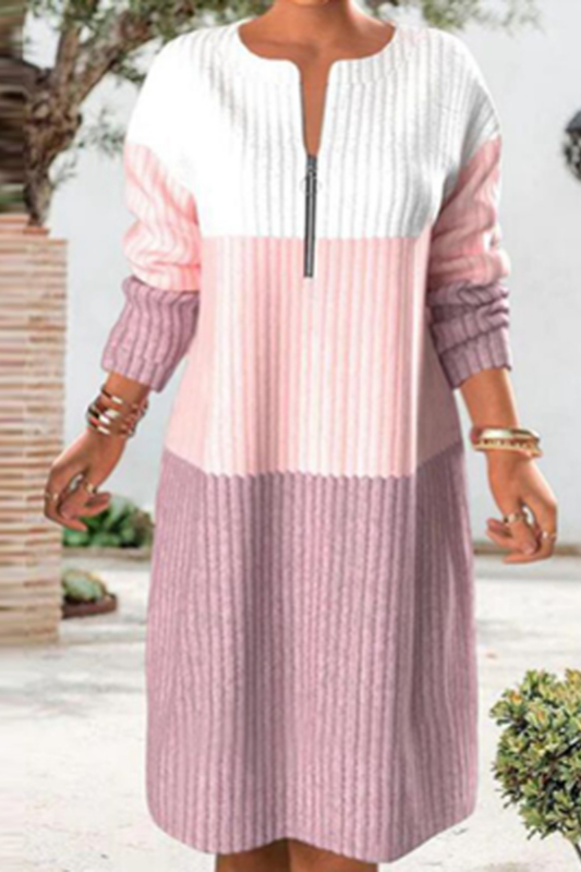 Rib Knitting V Neck Long Sleeve Patchwork Sweatshirt Dress