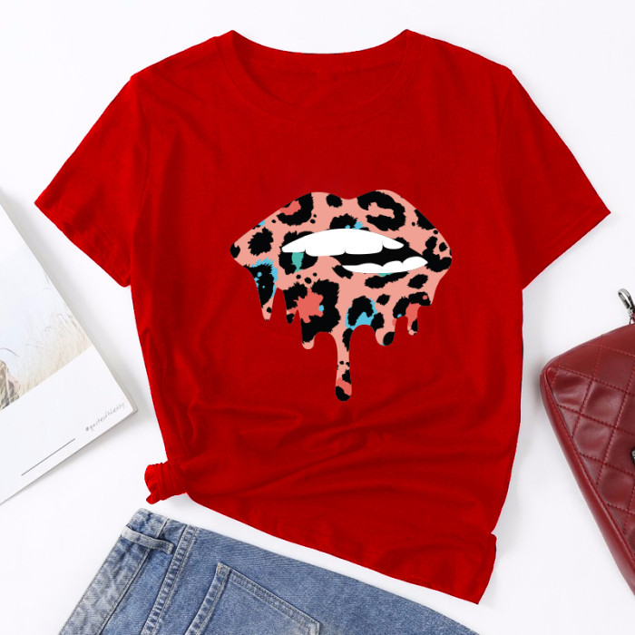 Fashion Lips Leopard Graphic O-neck T-Shirt