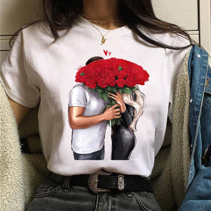 Couple Print Fashion Top Women's Round Neck Casual T-Shirt