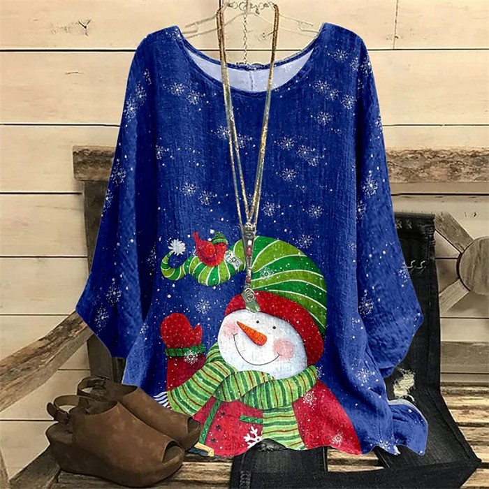Snowman Printing Long Sleeve Round Neck Retro Christmas Pullover Casual Loose Tops