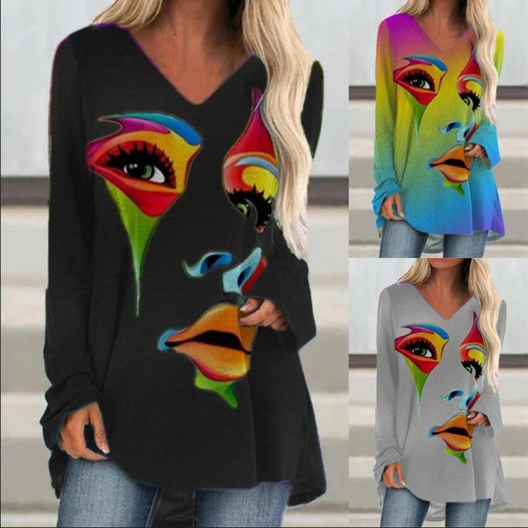 Style V-neck Loose Long-sleeved Face Print Casual Ladies T-shirt