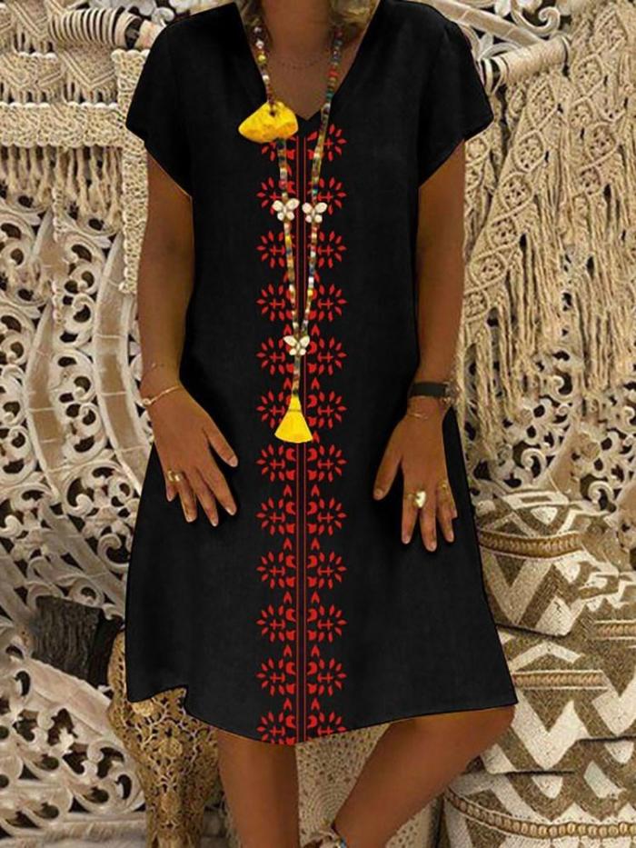 Fashion Bohemian Casual V Neck Short Sleeve 100% Cotton Printed Dress