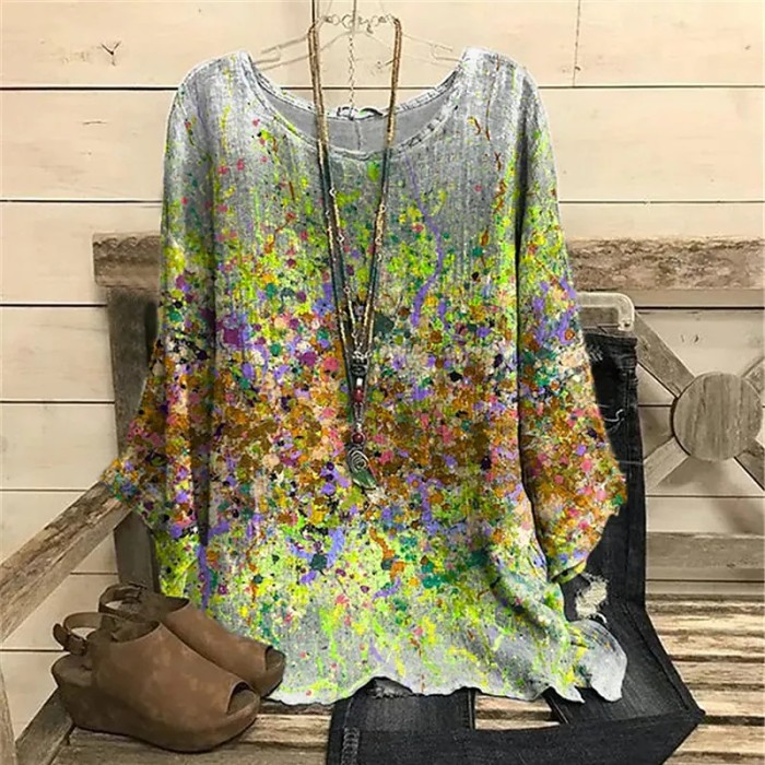 Fashion Trend Round Neck Casual Loose Long Sleeve Flower Printing T-shirt