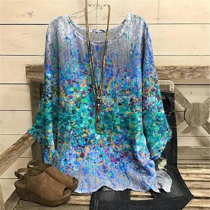 Fashion Trend Round Neck Casual Loose Long Sleeve Flower Printing T-shirt