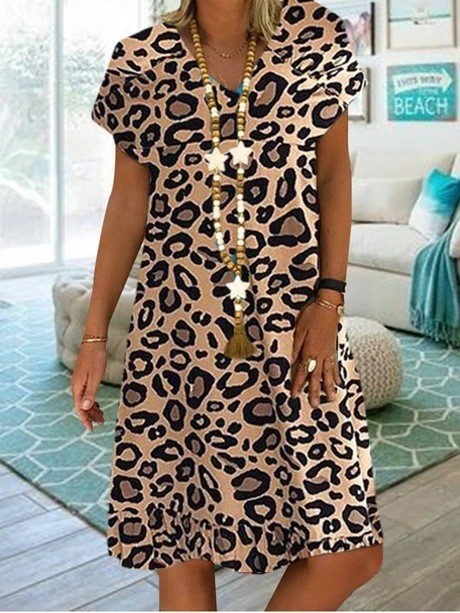 Loose Short Sleeve V-Neck Leopard Print Casual Dress