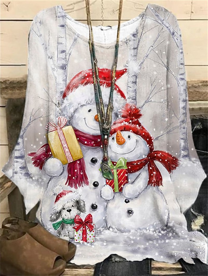 Christmas Fashion Long Sleeve Casual Pullover Snowman Printing Round Neck Loose T-shirt