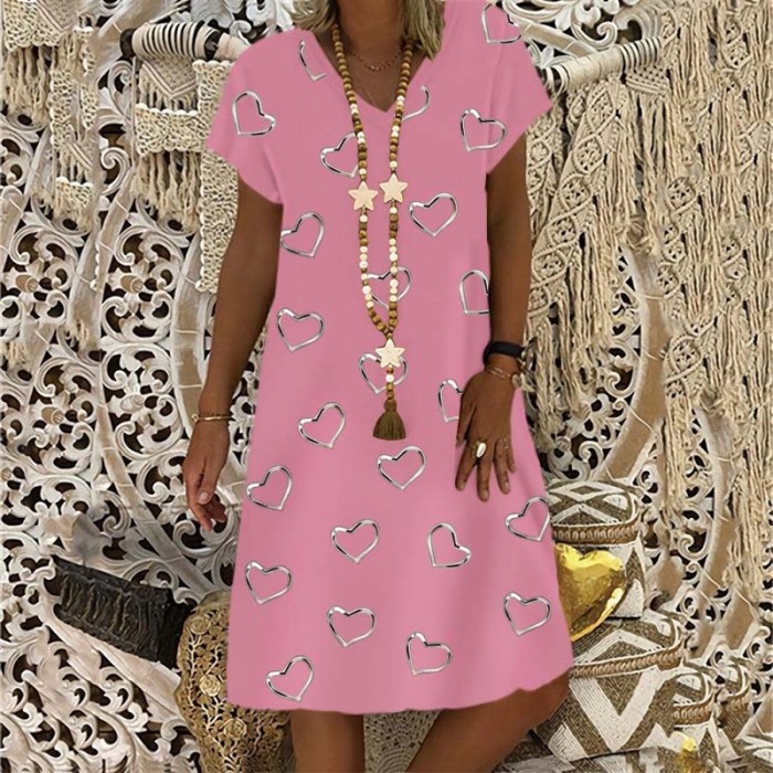 Fashion Loose Elegant V Neck Short Sleeves Printed Casual Beach Dress
