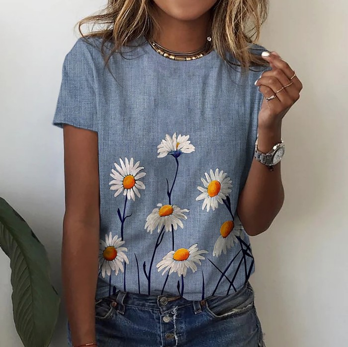 Floral Round Collar Print Pullover T-Shirt